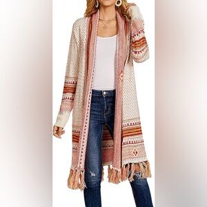 FERBIA Boho Long Open Cardigan Sweater Maxi Knit Sweaters Aztec Tribal Tassel S
